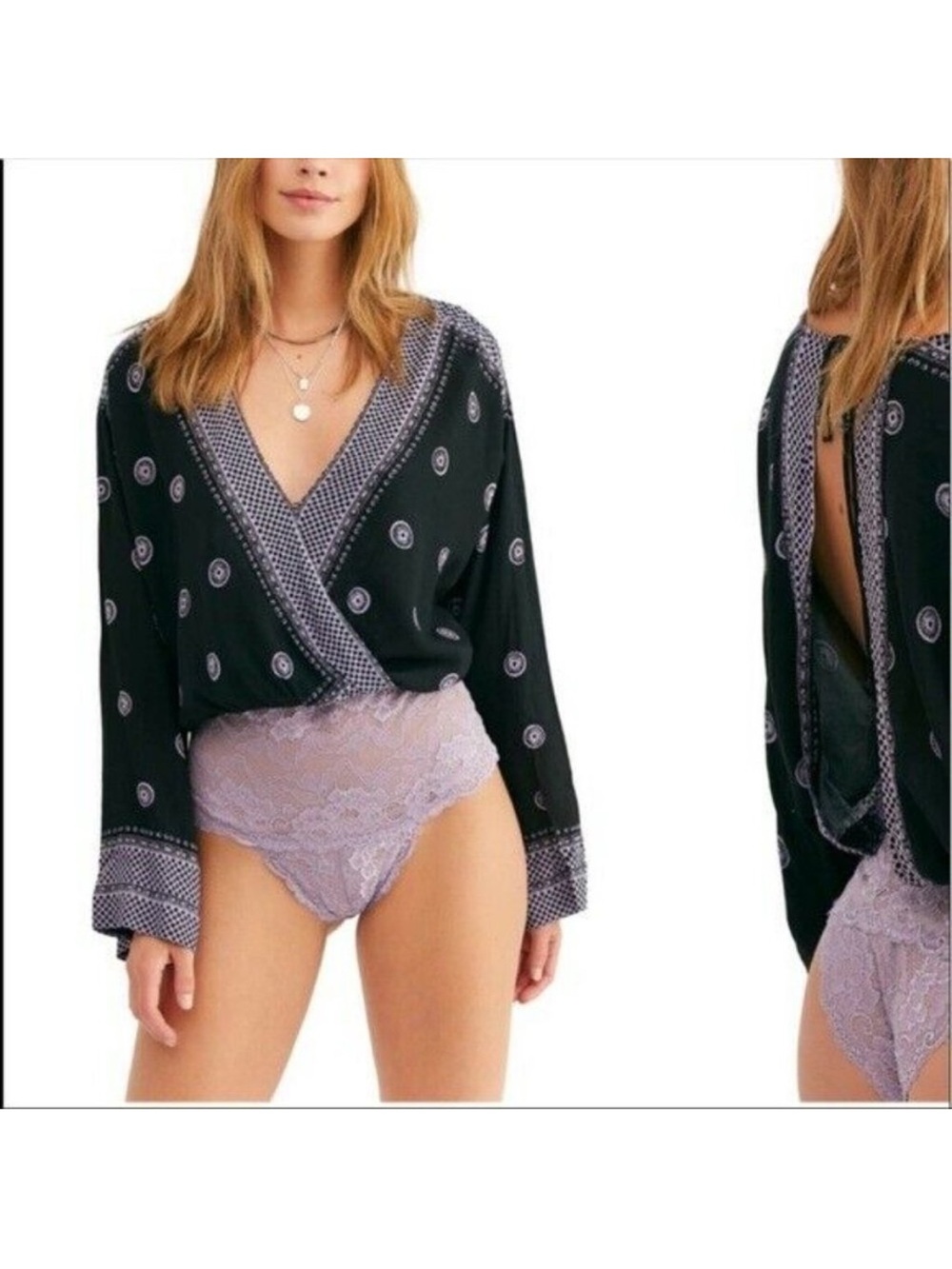Free People Black and Lavender Lace Long Sleeve Bodysuit